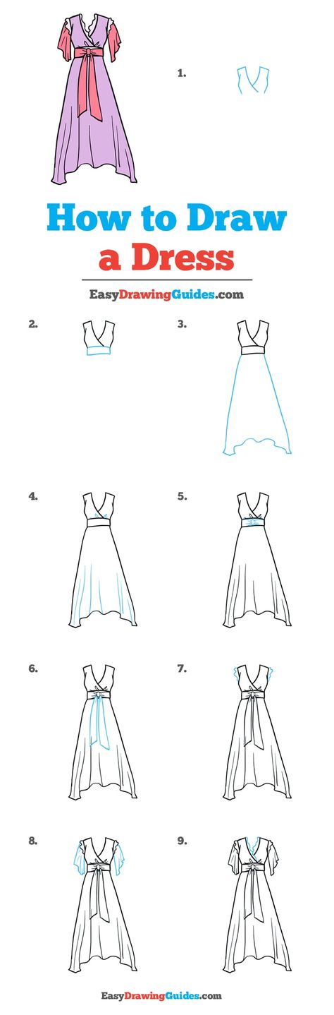 Dress Step By Step Drawing, Drawing A Dress Step By Step, Easy Dress Sketches For Beginners, Clothes Drawing Step By Step, Dress Drawing Easy Step By Step, How To Draw Dresses Step By Step Easy, Easy Fashion Sketches For Beginners, How To Draw A Dress Step By Step, Dress Drawing Step By Step