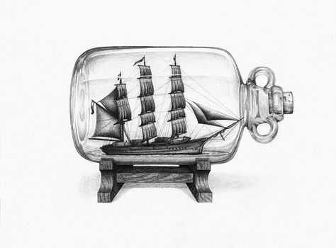 Ship in a bottle | Wall Art | Pinterest Bottle Drawings, Ship In A Bottle Tattoo, In A Bottle Tattoo, Inktober Inspiration, Thumb Tattoos, Ship In Bottle, Ship In A Bottle, Boat Drawing, Bottle Drawing