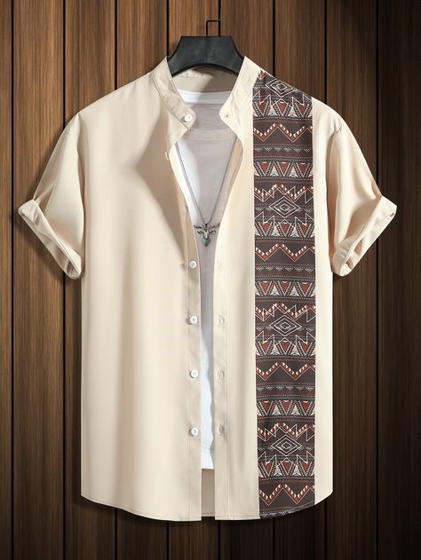 Khaki Boho Collar Short Sleeve Fabric Geometric,Tribal Shirt Embellished Non-Stretch Summer Men Tops Cloth Reference, Reference Male, Stylish Shirts Men, Cool Shirt Designs, Male Clothes, Khaki Fashion, Denim Skirt Women, Shirt Print Design, African Men Fashion