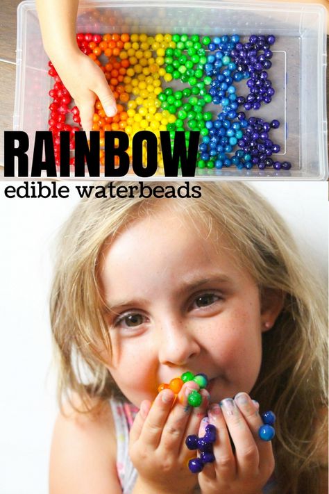 A quick and easy method for making DIY Edible Waterbeads for safe sensory play. These waterbeads are completely edible and can be made in bright rainbow colors – perfect for toddlers who may still be tasting everything! DIY Edible Rainbow Waterbeads We’ve been using waterbeads since Ella was two years old, and while they are … Everything Diy, Kids Sensory Activities, Edible Recipes, Preschool Weather, Gingerbread Baby, Homemade Playdough Recipe, Toddler Lessons, Diy Edible, Cloud Dough