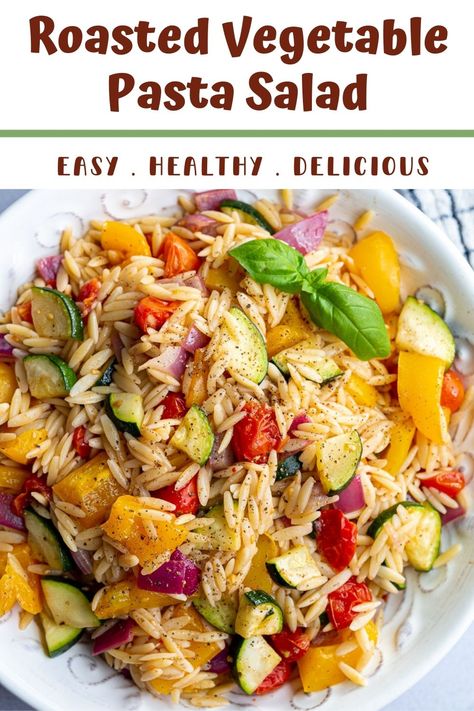 Bright and flavorful Roasted Vegetable Pasta Salad is orzo pasta with vegetables, all tossed in a simple homemade dressing. An easy side dish that’s fresh, colorful and always gets rave reviews. So great for make-ahead lunches and cookouts!⁣ Enjoy it warm or cold! Warm Pasta Salad, Orzo Salat, Pasta With Vegetables, Vegetable Pasta Salad, Roasted Veggie Salad, Vegetarian Pasta Salad, Vegetable Pasta Salads, Veggie Pasta Salad, Roasted Vegetable Pasta