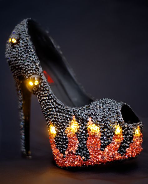 Rock chick light up flame heels Flame Heels, Flame Shoes, Gothic Heels, Diy Sequin, Orange Led Lights, Rock Chick, Crystal Heels, Masquerade Ball, Black Skulls