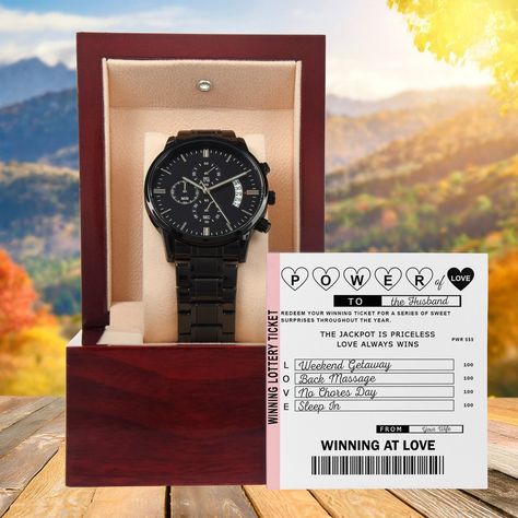 ✨ Tick-tock goes the clock, marking not just time, but the unforgettable moments we share! 🎉 This stunning black chronograph watch is more than a gift; it’s a testament to the power of love that binds us together. Perfect for my husband, it embodies every hour of joy, laughter, and adventure that lies ahead. 💖 Here’s to many more timeless memories as we journey through life side by side! ⌚️💍 #PowerOfLove #TimelessMemories #HusbandGift #WeddingDay #BonusSonGifts #ChronographWatch #LoveStory #T... Husband Wedding Day Gift, Winning Ticket, Winning Lottery Ticket, Love Always Wins, Moon Gifts, Lottery Tickets, Power Of Love, Gifts For Husband, Chronograph Watch