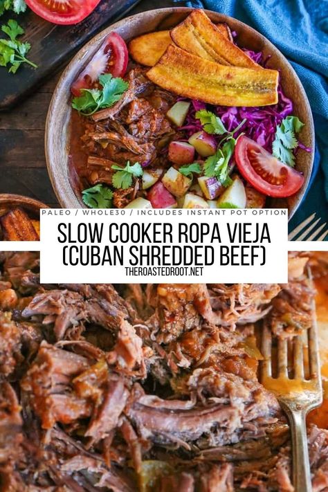 Slow Cooker Ropa Vieja (Cuban Shredded Beef) is an easy, amazing shredded beef recipe loaded with flavor! Post includes an Instant Pot option. Keto, Paleo, Whole30, healthy and delicious! #cuban #cubanfood #beef #recipe #crockpot #instantpot #instantpotbeef Beef Machaca Slow Cooker, Slow Cooker Latin Recipes, Cuban Beef Slow Cooker, Crock Pot Ropa Vieja, Cuban Ropa Vieja Recipe Instant Pot, Cuban Shredded Beef, Colombian Crockpot Recipes, Cuban Crockpot Recipes, Cuban Ropa Vieja Recipe Slow Cooker