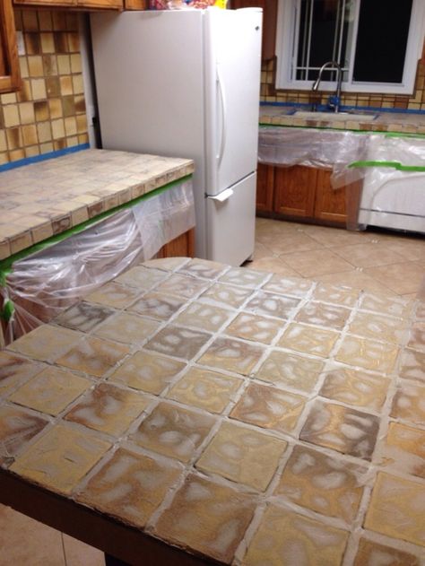 Tile Countertops Redo, Painting Tile Countertops, Brown Kitchen Tiles, Tile Countertops Diy, Countertop Redo, Tile Countertops Kitchen, Countertop Makeover, Brown Tile, Kitchen Remodel Countertops