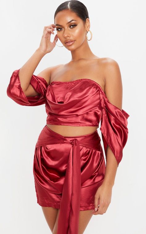 Scarlet Satin Woven Bardot Draped Front Crop Top | PrettyLittleThing Wrap Around Heels, Dark Red Maroon, Floral Skater Skirt, Maroon Top, Red Tops, Front Crop Top, Red Dark, Red Scarves, Red Maroon