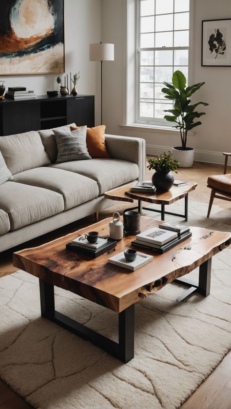 Check out this stunning modern live-edge coffee table with a sleek metal base! The natural curves of the wood top create a unique, one-of-a-kind piece that would be a beautiful addition to any living space. Let us know what you think in the comments! Live Edge Epoxy Coffee Table, Sofa And Coffee Table Ideas, Beach House Renovation, Live Edge Coffee Table, Oak Coffee Table, Contemporary Coffee Table, House Renovation, Natural Curves, Table Ideas