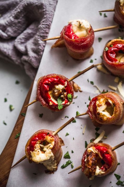 Bacon-Wrapped Cherry Peppers are stuffed with a delicious combination of sharp cheddar cheese & goat cheese. They're a perfect party appetizer! Stuffed Cherry Peppers, Cherry Pepper Recipes, Bacon Wrapped Cheese, Cherry Peppers, Pepper Recipes, Tapas Recipes, Cherry Recipes, Cheese Stuffed, Holiday Appetizers