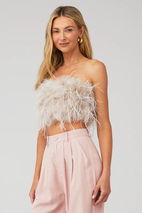 LAMARQUE | Zaina Top in Feather Pink| FashionPass Feather Crop Top, Leather Crop Top, Leather Bustier, Feather Tops, Strapless Crop Top, Turkey Feathers, Bustier Top, Fashion Tops, S Models