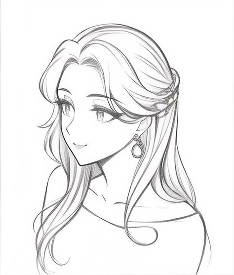 Princess Hair Drawing Reference, Hair Reference 3/4 View, Beautiful Hairstyles Drawing, Hairstyles Long Hair Drawing, Drawing Reference Hairstyles, Oc Drawing Base With Hair, Long Hair Anime Reference, Hair Refrence Girl Drawing, Hairstyle Sketches Girl