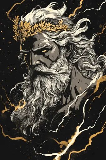 ↑↑↑ Larger size on website 🔸 The image depicts a close-up portrait of Zeus, the Greek god of the sky and thunder. He has long, wh Zeus Art Greek Mythology, Zeus Painting, Zeus God Of Thunder, Zeus Art, Golden Laurel Wreath, Greek God Zeus, God Of Lightning, Dramatic Portrait, Zeus God