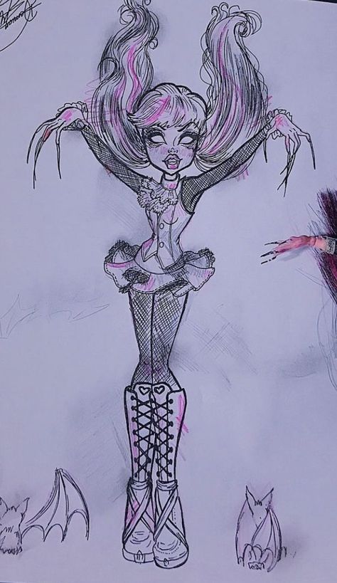 Monster High Doll Tattoo, Monster High Pose Reference, Draculaura Sketch, Monster High Draculaura Drawing, Draculaura Tattoo, Monster High Art Drawing, Draculaura Drawing, Monster High Concept Art, Monster High Body Base