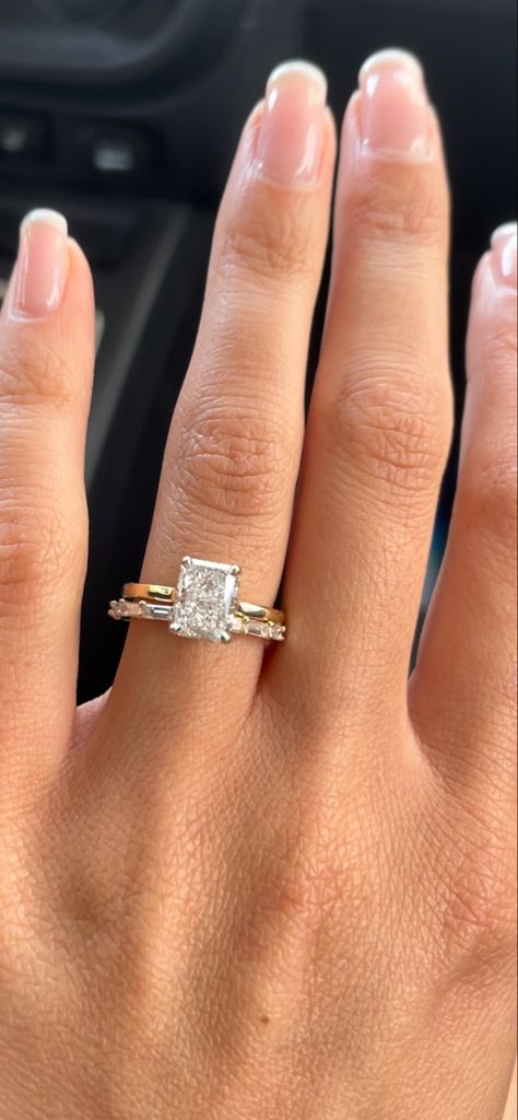 Radiant Engagement Ring Baguette, $15000 Engagement Ring, Emerald Cut Engagement Ring Baguette Band, Radiant Engagement Ring With Baguette Band, Stacked Wedding Rings Radiant Cut, Baguette Wedding Band With Radiant Ring, Gold Wedding Band With Radiant Ring, Gold Band Radiant Diamond, Wedding Band Radiant Cut