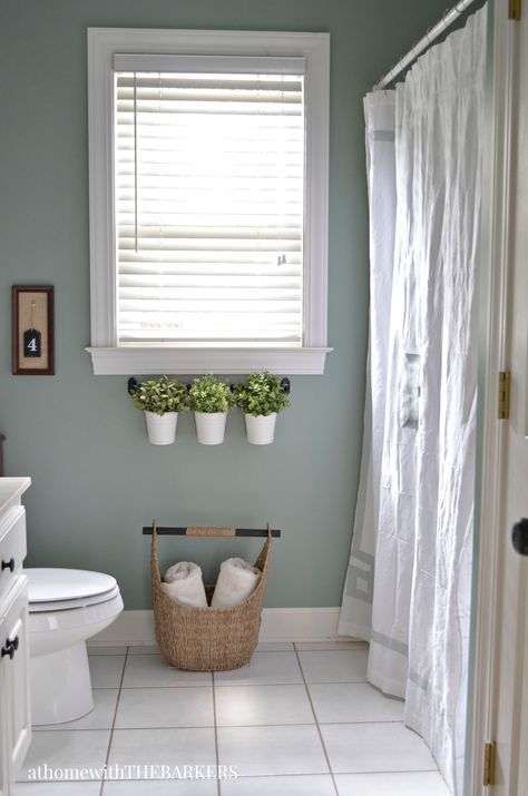 Holiday Ready Room Refresh using BEHR Marquee paint to totally transform a bathroom. A new look for a space with one can of paint. Room Refresh, Bad Inspiration, Bathroom Paint Colors, White Shower Curtain, Bathroom Color, White Shower, Bathroom Windows, Bathroom Redo, Simple Bathroom