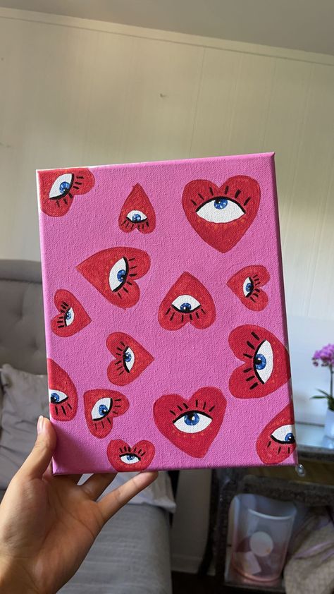 #art #canvas #hearts #paintingoftheday Cute Painting Canvas Ideas, Dorm Canvas Art Diy, Cute Heart Paintings, Cute Pink Paintings Easy, Diy Painting Canvas Ideas, Simple Paint Designs, Pink Painting Easy, Easy Small Painting Ideas, What To Paint On A Canvas Easy