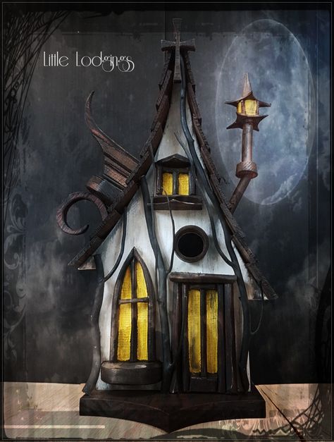 Diy Spooky Birdhouse, Goth Birdhouse, Birdhouse Mansion, Spooky Birdhouse, Homemade Bird Houses, Wood Yard Art, Bird Houses Ideas Diy, Halloween Wood Crafts, Unique Bird Houses