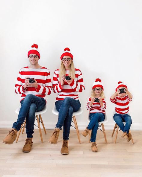 Why does Waldo where a striped shirt? Because he doesn’t want to be spotted. 🤓😂 #momjoke We made Waldo just a tad easier to find. We also decided he needed a little digital camera upgrade. Wooden film cameras are so 1987. 😜 #familyonchairs #whereswaldo #halloween . Our entry for #WHPpretend. Because who doesn’t like to pretend to be one of their favourite childhood characters for Halloween? And to share that love with their kids. Family Costumes For 4, Costume Halloween Famille, Family Costumes For 3, Waldo Costume, Family Costume Ideas, Halloween Costume Couple, Family Costumes Diy, Family Themed Halloween Costumes, Costume Family