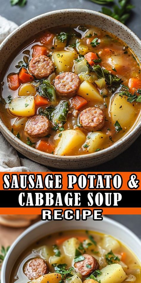 🍲 Sausage, Potato & Cabbage Soup – a hearty, flavorful, and comforting dish perfect for cozy nights! This one-pot recipe is loaded with savory sausage, tender potatoes, and fresh cabbage, making it the ideal soup for family dinners or meal prep. Try it today and enjoy the perfect blend of hearty ingredients in every bite! 👩‍🍳 📌 Save this Pin for later! #SausagePotatoSoup #CabbageSoupRecipe #ComfortFood #HeartySoup Soups With Cabbage And Sausage, Cabbage Sausage And Potato Soup, Kielbasa Cabbage And Potatoes Soup, Cabbage Sausage Potatoes Soup, Smoked Sausage Cabbage Soup, Kabasa Sausage Cabbage Soup, Cabbage And Potato Soup With Bacon, Kielbasa And Cabbage Soup Recipes, Creamy Sausage And Cabbage Soup