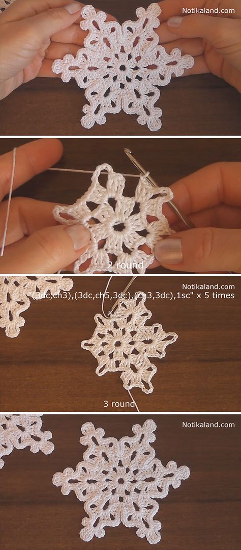 How To Crochet Snowflake Easily | CrochetBeja Free Crochet Snowflake Patterns, Pola Macrame, Crochet Snowflake, Crochet Snowflake Pattern, Crochet Xmas, Crochet Ornaments, Crochet Stars, Crochet Snowflakes, Holiday Crochet