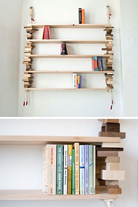 Rope Bookshelf, Cute Bookshelf Ideas, Block Shelves, Diy Shelves Ideas, Denmark House, Bookshelf Room, Welcome To My House, Hanging Shelf, Hanging Shelves