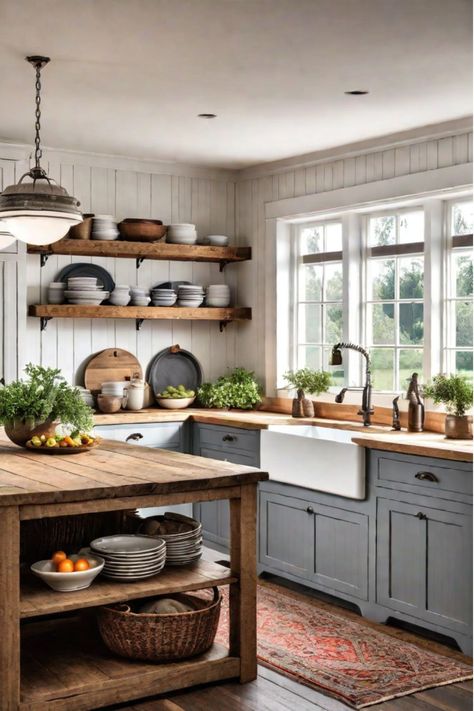 Kitchen Rustic Shelves, Rustic Wood Kitchen Island, Industrial Country Kitchen, Rustic Kitchen With Island, Rustic Wood Island, Kitchen Remodel Island, Kitchen Island Farmhouse Style, Farmhouse Island Kitchen, Farmhouse Kitchen Islands