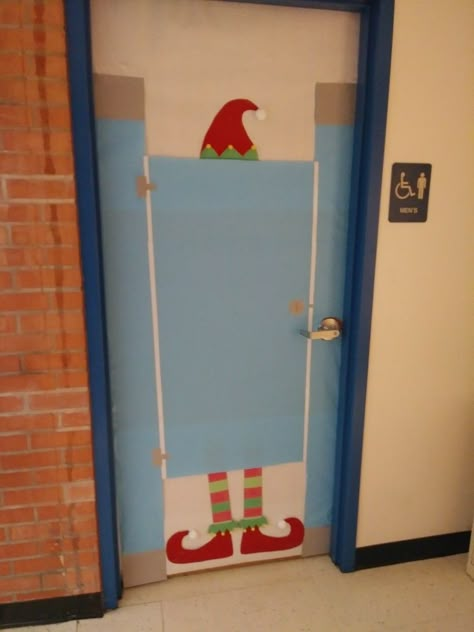 Holiday door decorating contest. Classroom Door Ideas Holiday, Christmas Bathroom Door Decorations, Christmas Classroom Door Middle School, Elf Workshop Door Decorations, Xmas Office Door Decorating Ideas, Christmas Door Decorating Contest Schools Easy, Christmas Door Decorations For School Funny, Easy Door Decorations Christmas, Funny Holiday Door Decorating Contest