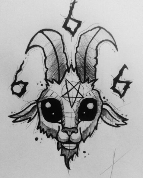 Cute Baphomet Tattoo Design, Creepy Tattoo Drawings, Cute Baphomet Drawing, Cute Skull Drawing Simple, Baphomet Tattoo Design Simple, Dark Flash Art, Cute Baphomet Tattoo, Baphomet Sketch, Baphomet Tattoo Design