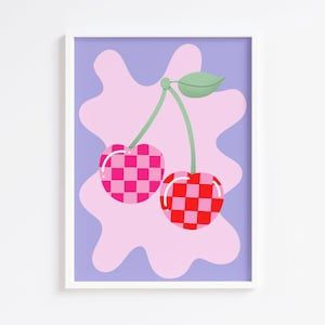 Checkerboard Painting Ideas, Cherry Room Aesthetic, Pink Illustration Aesthetic, Pink And Purple Aesthetic, Cherry Wall Art, Living Room Decor Eclectic, Cherry Art, Statement Art Pieces, Pink Artwork