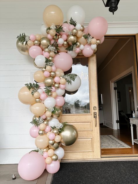 Classy balloon garland for any occasion! Balloon Garland Doorway, Balloon Garland Around Door, Balloons In Doorway For Birthday, Balloon Garland Entrance Door, Garland Doorway, Ballon Arch Entry Way, Soft Pink Gold Balloon Garland Flowers India, Birthday Balloon Garland, 21st Birthday Balloons