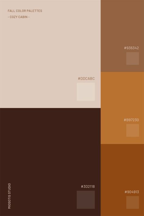 If you're in hospitality, selling cozy home goods, or running a traditional coffee shop, you might want to consider the Cozy Cabin palette. This color scheme brings to mind the warmth, comfort, and rustic charm of a log cabin in the woods. With deep and light browns, muted orange, and cozy beige, it creates a welcoming atmosphere that's perfect for a snug cabin retreat. Brown Beige Orange Color Palette, Beige Brown Color Scheme, Brown Beige Palette, Muted Brown Color Palette, Warm Browns Palette, Orange Wood Color Palette, Wood Brown Color Palette, Wood Colors Palette, Muted Orange Color Palette