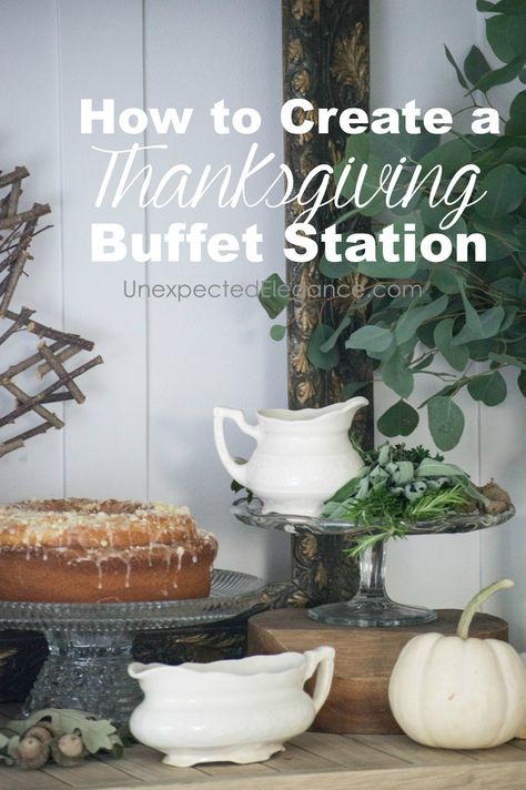 We all know the food is the star of the show at Thanksgiving. See how to create a beautiful Thanksgiving buffet station without spending any money. Thanksgiving Buffet Setup, Thanksgiving Buffet Setup Ideas, Thanksgiving Buffet Table, Buffet Tablescapes, Elegant Buffet, Thanksgiving Buffet, Autumn Board, Food Display Table, Buffet Stations