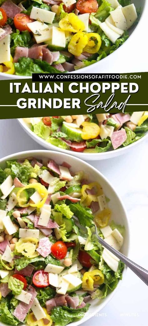 This hearty Italian Chopped Grinder Salad Recipe is the perfect high protein, no-cook lunch or dinner.  With crunchy lettuce, fresh tomatoes and cucumbers, nitrate-free genoa salami, and a homemade Italian vinaigrette, this chopped salad tastes like your favorite Italian deli sandwich without the hoagie roll. Healthy Salad Recipes Meal Prep, Soup And Salad Combo, Grinder Salad, Italian Vinaigrette, 21 Day Fix Recipes, Salad Meals, Easy Suppers, Tomatoes And Cucumbers, Dr Livingood