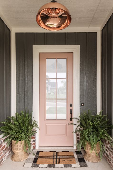 How to Achieve Warm & Restful California Casual in the Midwest · Haven Light Pink Door Exterior, California Casual Paint Colors, Colourful Front Doors, Pink Door Exterior, Peach Front Door, California Casual Home, Pink House Exterior, Red Brick Exteriors, Exterior Gray Paint