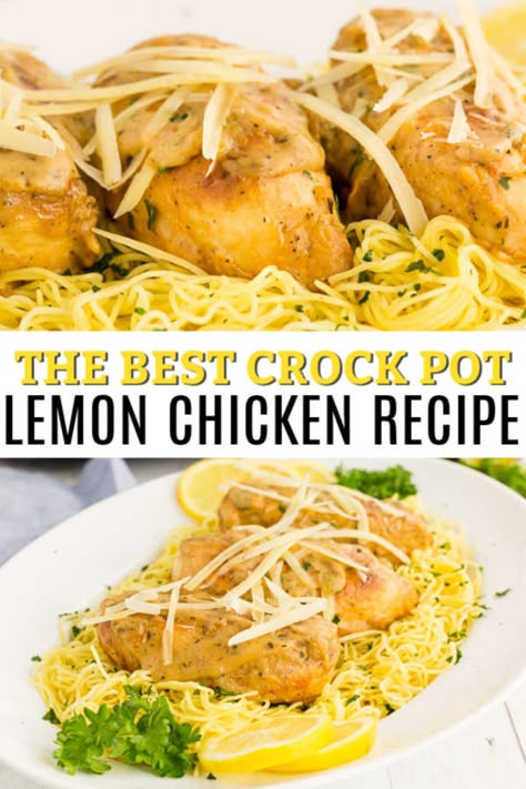 Crockpot lemon chicken is so light and refreshing for a great meal. The creamy lemon sauce is delicious over the chicken and pasta for an easy dinner idea. Chicken Pasta Crockpot Recipes, Pasta Crockpot Recipes, Crock Pot Lemon Chicken, Lemon Chicken Crockpot, Crockpot Lemon Chicken, Slow Cooker Lemon Chicken, Cajun Chicken Pasta Recipes, Baked Ranch Chicken, Oven Roasted Asparagus