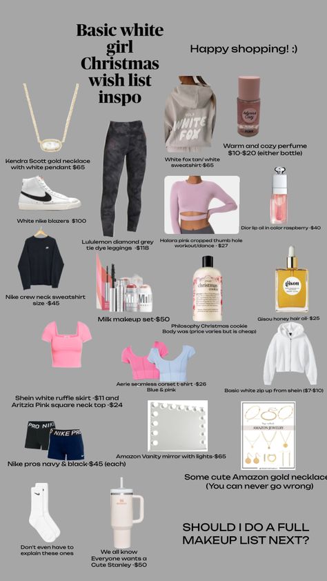 Future basic chirtsmas wish list! Happy shopping! ❤️💚#outfitinspo #shufflesfyp #shufflesforyou #trendyfit #trendyoutfit #socialmedia #basicgirl #christmas #preppyaesthetic #wishlists Nike Crew Neck, Basic Girl, Trendy Fits, Honey Hair, Dance Tops, Tie Dye Leggings, Milk Makeup, Preppy Aesthetic, Nike Blazer