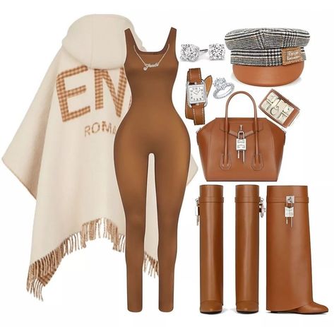 Fendi Outfits Women, Hermes Hat, High Waisted Overalls, Fall Baddie, Givenchy Boots, Outfits Styling, Swag Outfits For Girls, Brown Outfit, Classy Casual Outfits