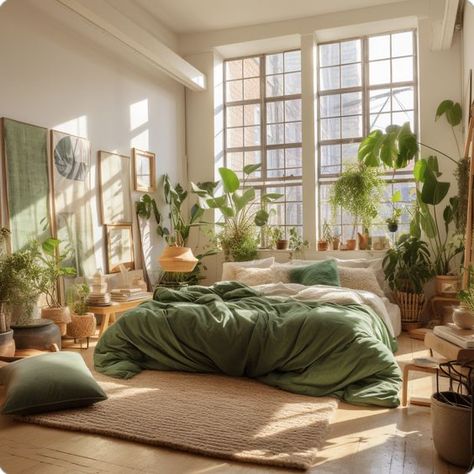 Sage Green Bedroom Ideas Aesthetic, Modern Plant Bedroom, Earthy Luxury Bedroom, Biophilic Design Bedroom, Scandinavian Bedroom Inspiration, Green Themed Room, Green Apartment Aesthetic, Green Boho Bedroom, Green Room Decor