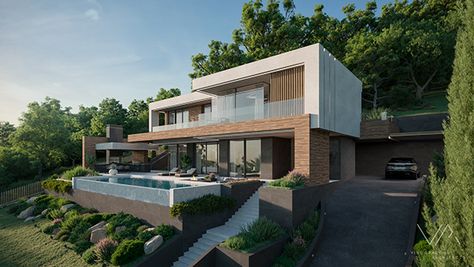 Villa On Slope Plan, Villa On Hill, Hill Villa, Modern House Hillside, Modern House On Hill, Modern House On A Hill, Villa Landscape, Slope House Design Architecture, Modern Hillside House