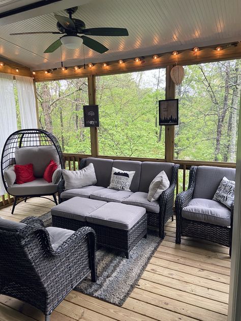 Three Season Porch Decor, Screened In Porch With Sectional, Dark Screened In Porch, Indoor Patio Decorating Ideas, Screened In Porch With Black Railing, Screened In Porch Black, Outdoor Wall Lighting Ideas, Black Ceiling Screened In Porch, Outdoor Christmas Lights Ideas Houses