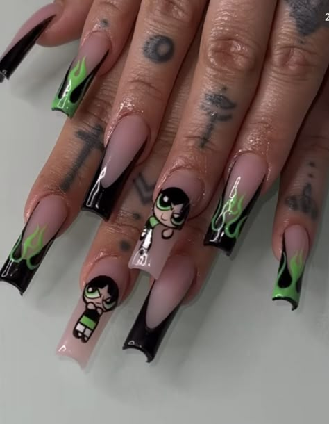 Blingy Halloween Nails, Character Acrylic Nails, Kim Possible Nails, Power Puff Nails, Black And Lime Green Nails, Power Puff Girls Nails, 90s Cartoon Nails Acrylic, Cat Claw Nails, Extra Nails