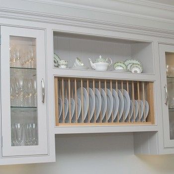 Wall unit with glazed doors and plate rack Wooden Dish Rack Cabinet, Counter Laundry Room, Laundry Room Sinks, Cabinet Plate Rack, Utility Laundry Room, Plate Racks In Kitchen, Wooden Plate Rack, Sink Remodel, Plate Rack Wall