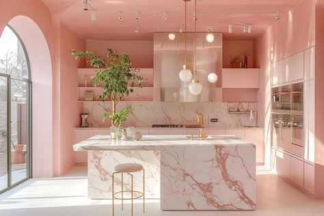 Pink and gold marble kitchen interior design Pink Marble Kitchen, Marble Kitchen Interior, Rose Gold Kitchen, Marble Countertops Kitchen, Fancy Kitchens, Girly Decor, Kitchen Design Plans, Pink Kitchen, Sims House Design