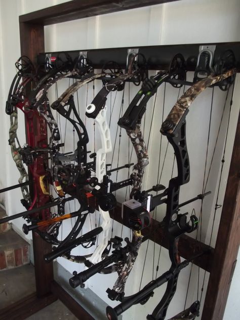 Archery Storage Bow Rack, Compound Bow Storage, Bow And Arrow Rack, Archery Storage Ideas, Bow Rack Diy, Archery Room, Archery Storage, Compound Bow Rack, Bowtech Archery