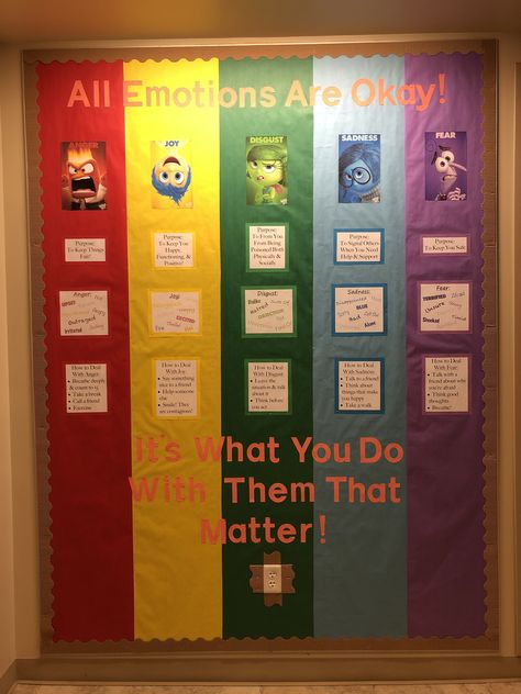 This bulletin board was about emotion control. The purpose of the 5 different emotions were given along with synonyms for each emotion and some ways to deal with these emotions. This board was themed from the movie Inside Out. Socio Emotional Bulletin Boards, Emotion Board Feelings, Calm Down Bulletin Board Ideas, Feelings And Emotions Bulletin Board, Inside Out Emotions Bulletin Board, Emotion Board Preschool, Social Work Room Ideas, Emotions Bulletin Board Ideas Preschool, Emotion Wall Classroom