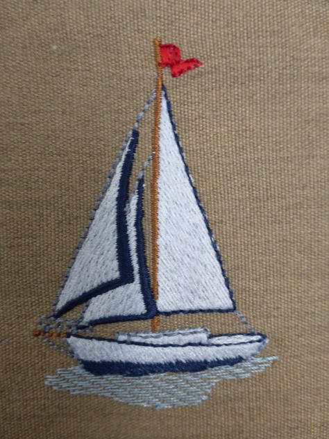 Nautical Embroidery Patterns, Ship Embroidery Design, Sailboat Embroidery Design, Boat Embroidery Design, Embroidery Sailboat, Sailing Embroidery, Sailboat Embroidery, Embroidered Sailboat, Boat Embroidery