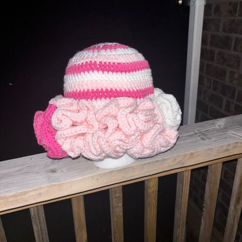 Handmade Crochet Ruffle Hat In White, Light Pink, And Dark Pink. Crochet Hats For Women, Beanie Ideas, Crochet Loom, Crochet Ruffle Hat, Ruffle Hat, Crochet Hat For Women, Crochet Pink, Crocheting Ideas, Beginner Crochet Tutorial