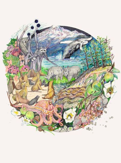 Richelle Gribble Drawing / Watercolor Painting - Biosphere V 2017 Contemporary Biosphere Drawing, Biology Illustration, Save Earth Drawing, Science Drawing, Art Competition Ideas, Character Tattoos, Earth Layers, Planet Drawing, Earth Drawings