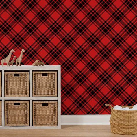 Retro Christmas plaid diagonal red black large Peel & Stick Wallpaper Mid Century Modern Wallpaper, Red And Black Wallpaper, Flower Retro, Christmas Plaid, Spoon Flower, Design Toscano, Peel Stick Wallpaper, Modern Wallpaper, Renter Friendly