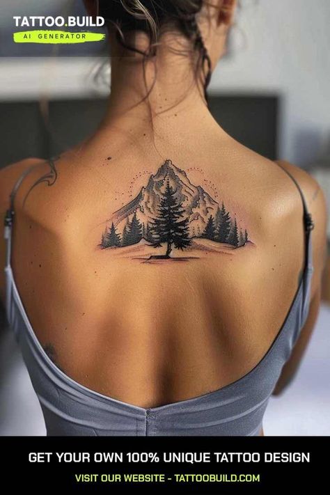 Take A Hike Tattoo, Mountain Cover Up Tattoo, Mountains Tattoo Ideas, Mountain Back Tattoo, Mountain And Tree Tattoo, Tattoo Berge, Nature Tattoo Designs, Hiking Tattoos, Moutain Tattoos