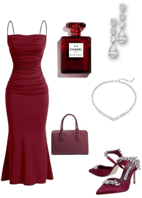 Red Wine Dress Outfit, Wine Dress Outfit, Perfume Red, Red Wine Dress, Red Perfume, Silver Outfit, Outfit Minimal, Wine Dress, Heels Silver